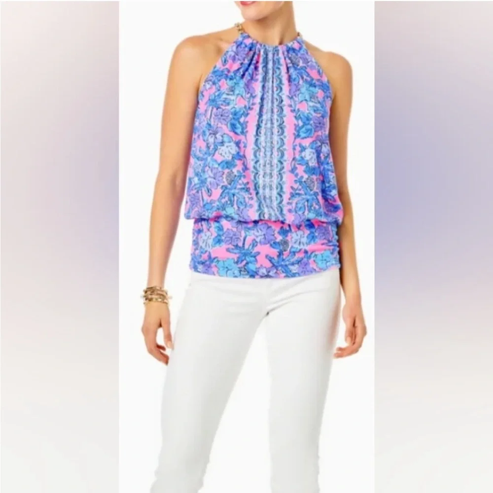 Lilly Pulitzer Bowen Halter Top Pink Palm Paradise Engineer - Picture 2 of 9